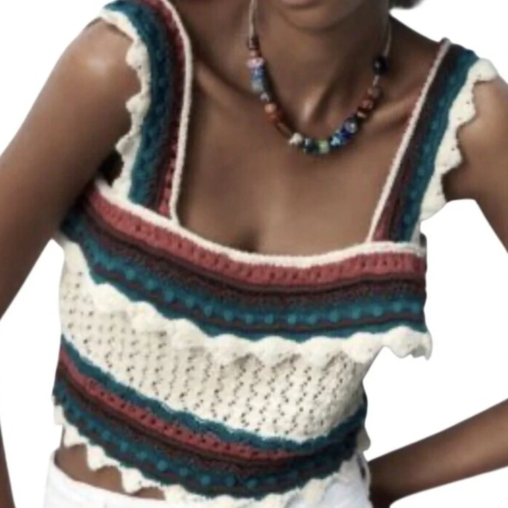 ZARA MULTICOLOR CROCHET KNIT CROP TANK TOP SIZE L NWT‎